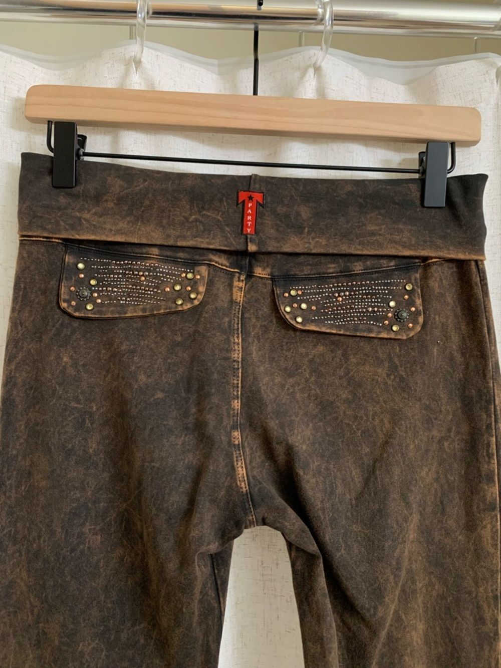 T Party Brown Mineral Wash Fold Over Legging Distressed Embellished Pant Bootcut - Picture 5 of 7